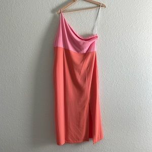 Petal & Pup Xiomar one shoulder pink/orange midi dress